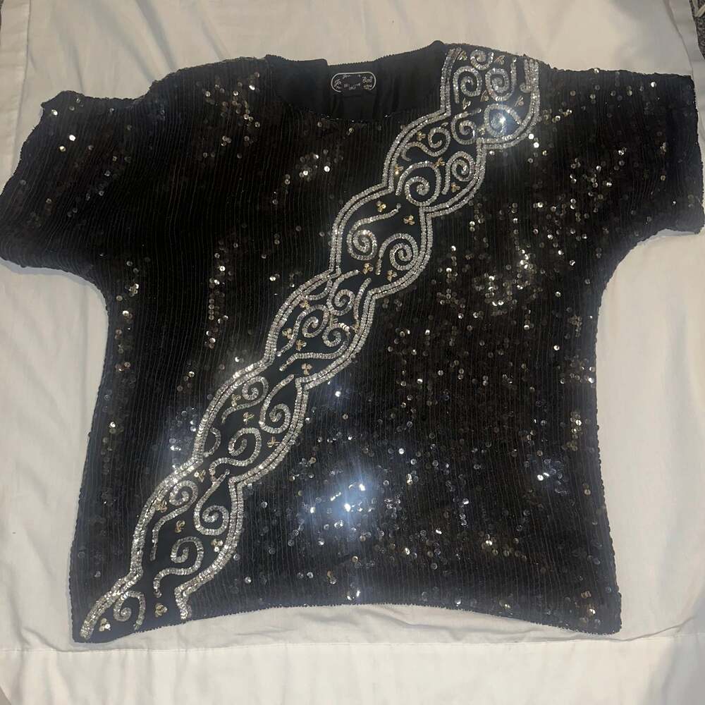 Vintage Joseph Le Bon 100% Silk Black Silver Beaded Cross Glam Tunic Blouse M - Picture 2 of 6